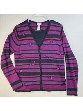 Vintage Koret Embroidered Floral Cardigan S Purple Vibrant Cottagecore Retro Y2K